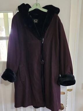 Dark Plum Hooded Trench Coat with Black Faux Fur Trim